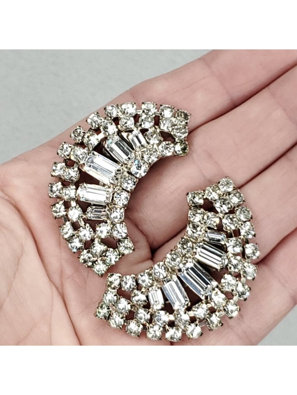 Vintage Rhinestone Earrings Clip On Clear Silver Tone Statement 1.75"
